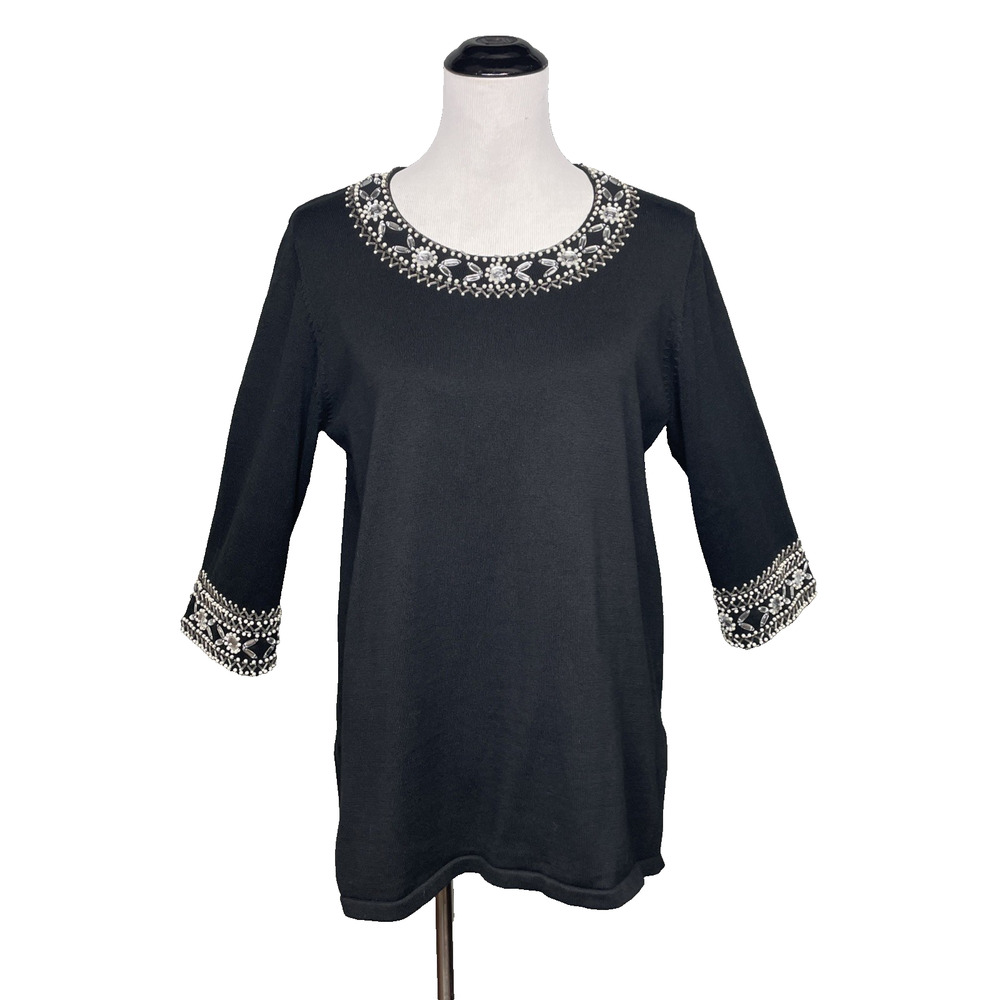 Bob Mackie Wearable Art Womens M Black Beaded Cotton Knit Sweater Top Statement